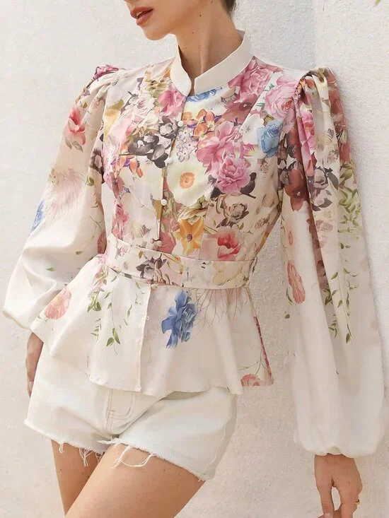 Multicolor Boho Women's Floral Stand-Up Collar Button-Down Long Sleeve Blouse - Picture 6 of 6